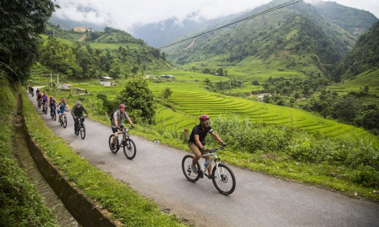 Tourists cycling on the side of Sapa rice field.