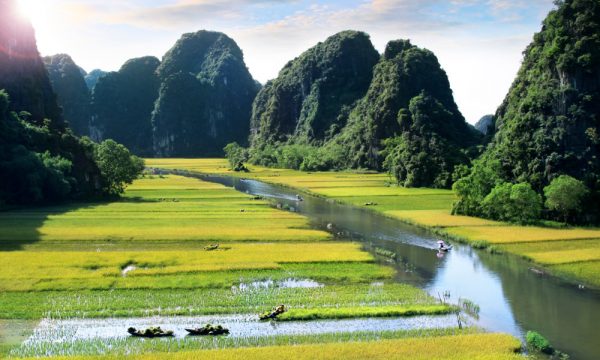 Panorama view of fields and mountains in Tam Coc.