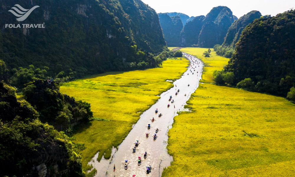 Overview of Tam Coc, Vietnam with a river in the middle of two golden rice fields, and mountains surrounding them.