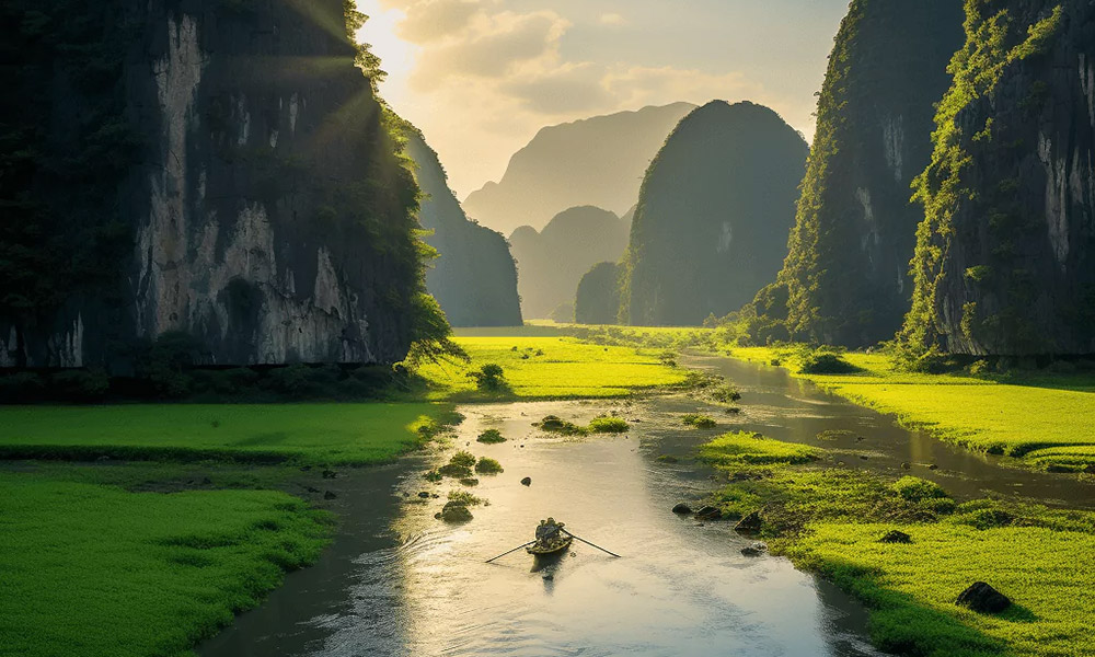 Panorama of Trang An river and mountains.