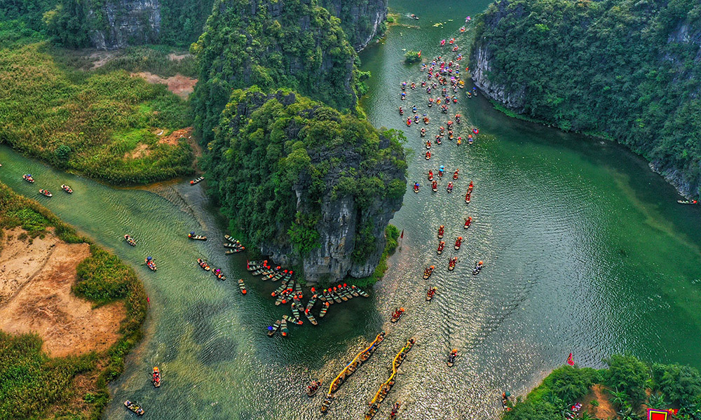 View of Trang An river and boats from above.