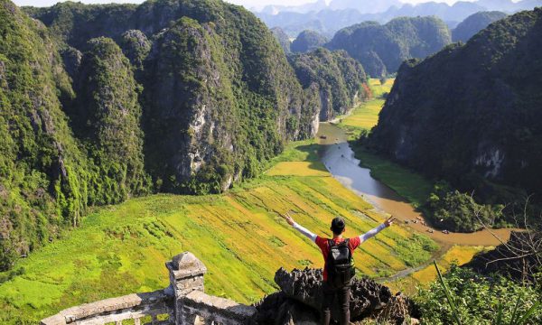 View from hang mua to Tam Coc rice fields and mountains in Ninh Binh.