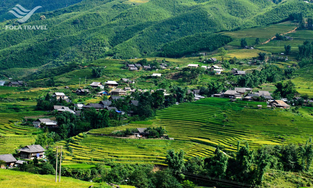 Panorama of Sapa houses on rice fields.