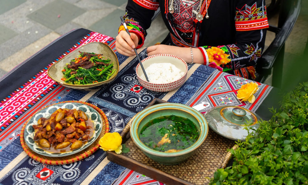 A meal with Vietnamese dishes.