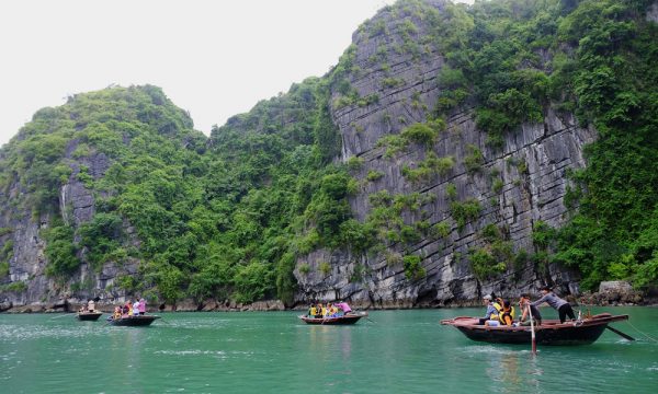 Bamboo boats sailing in Bai Tu Long Bay.