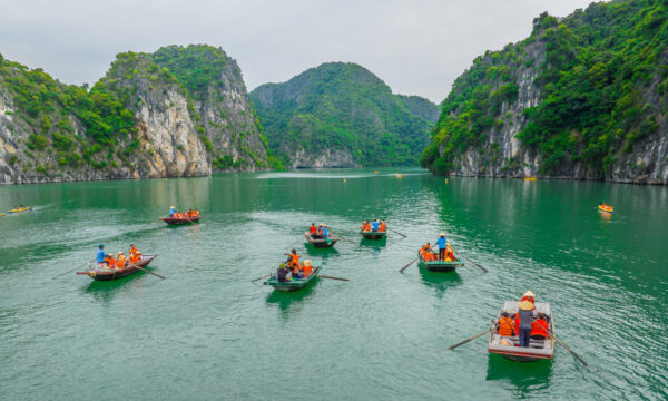 Bamboo boats rowing in Frog Lagoon.