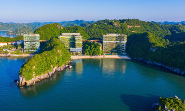 Hotels on Cat Ba Island looking out to the sea.