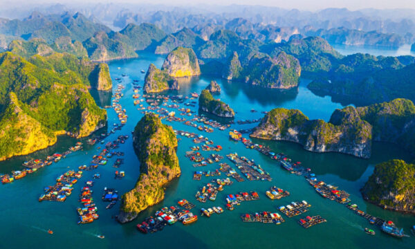 Cat Ba fishing villages among limestone islands.