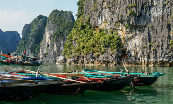 Rowing boats under the islands of Cua Van Fishing Village.