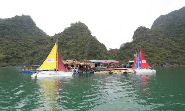 Floating restaurant and cafe in Tra Bau Fishing Village.