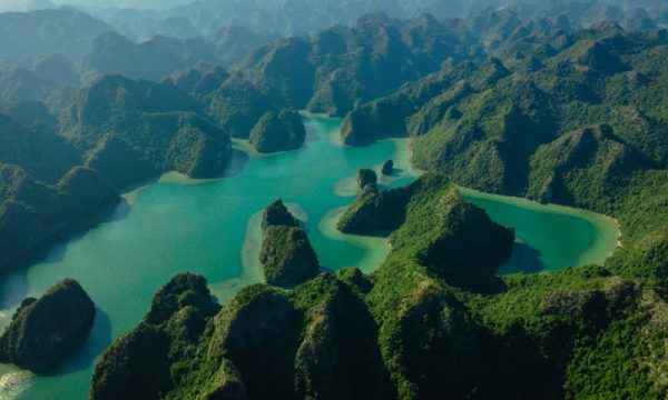 Green islands in Lan Ha Bay from above.