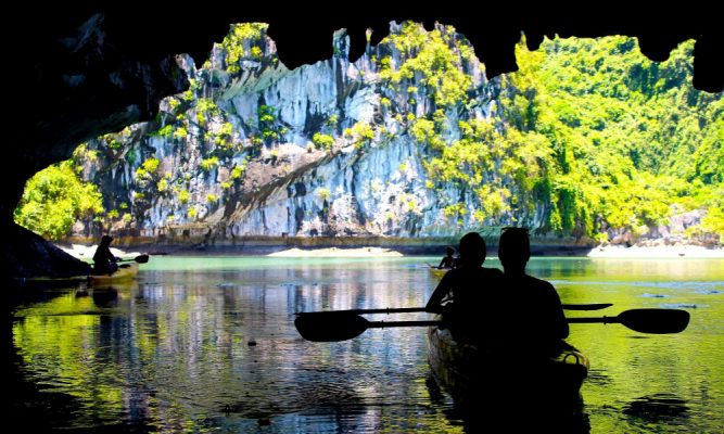 Guests going through Dark & Light Cave.