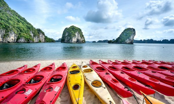Kayaks on the beach of Thien Canh Son Cave.