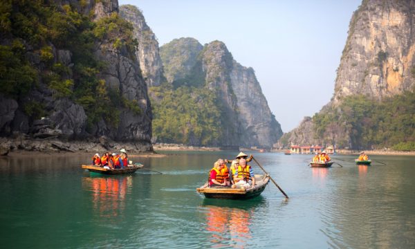 Vung Vieng guests on boats in Bai Tu Long Bay.