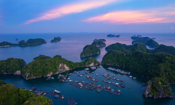 Cai Beo Fishing Village during sunset.