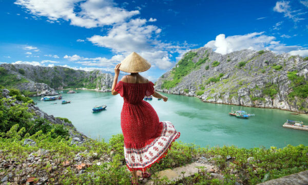 A girl looking out to Cat Ba Island.
