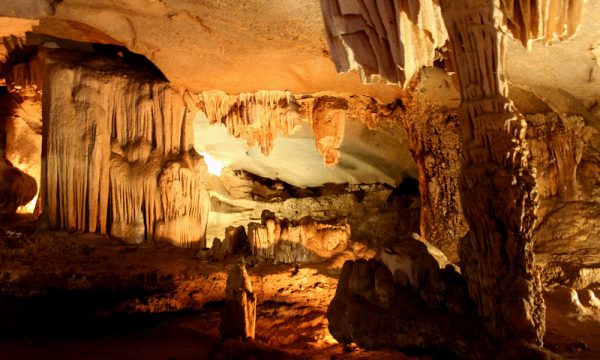 Stalactite and stalagmite in Thien Canh Son Cave.