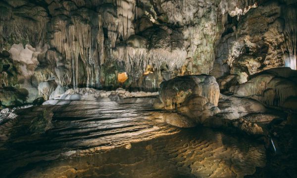 Grey stalactites in Thien Cung Cave.