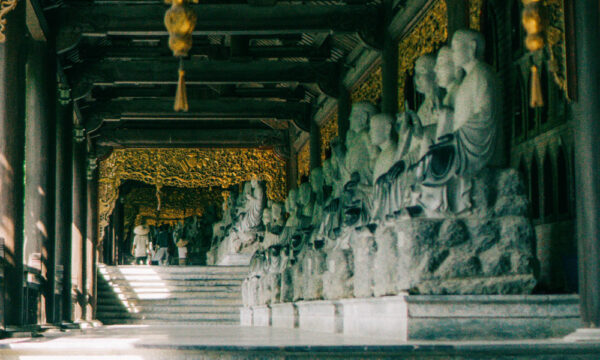 La Han corridor with stone statues in Bai Dinh Pagoda.