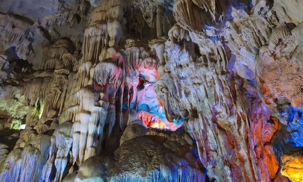 Colorful stalactites in Thien Cung Cave.