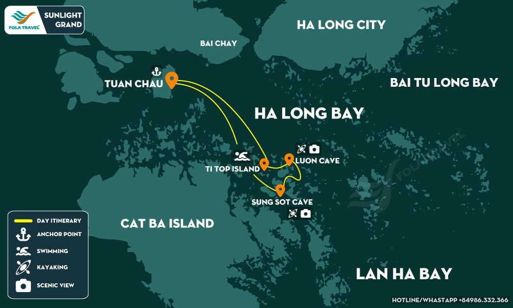 Tour map of the Sunlight Grand day cruise in Halong Bay.