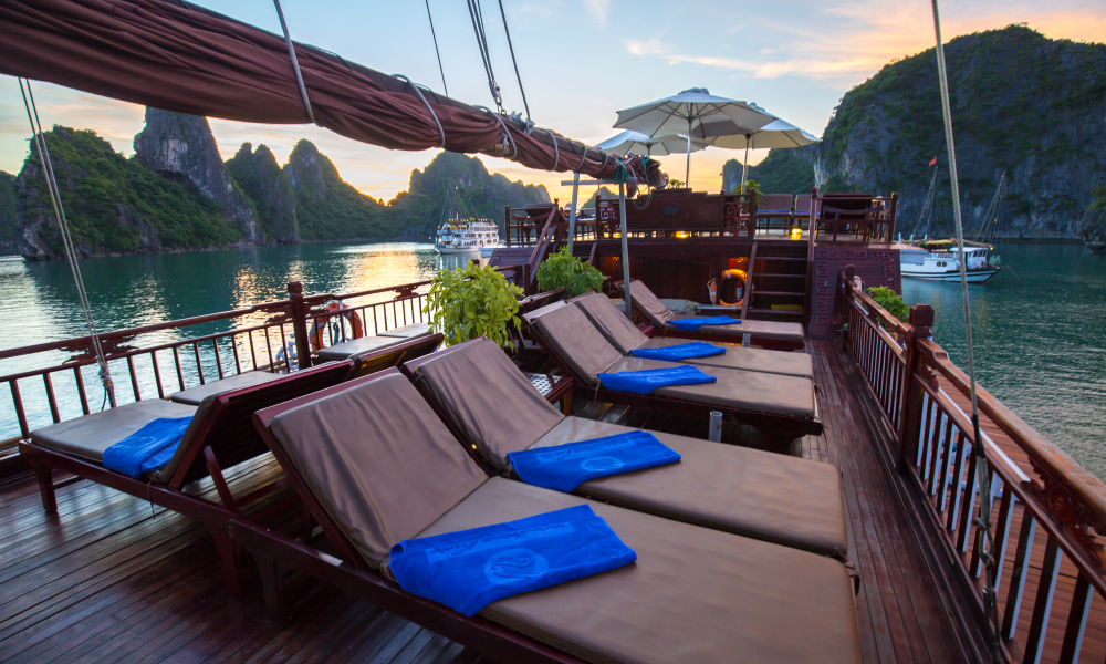 Lounge space on Dragon Pearl Junk sundeck.