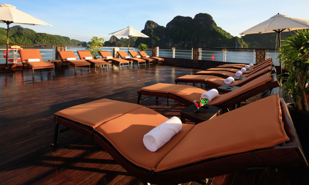 Sun chairs on the deck of V'Spirit Cruise.