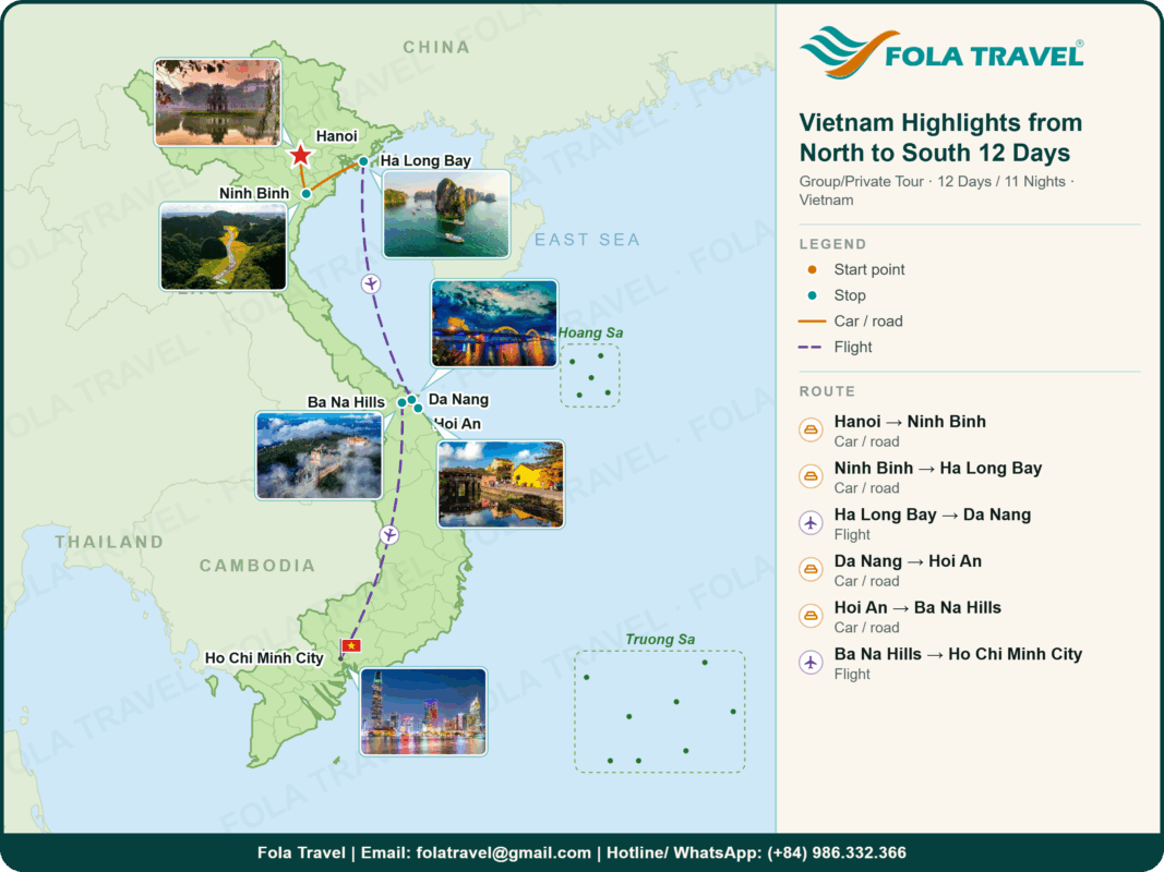 Vietnam highlights from north to south 12 days tour map